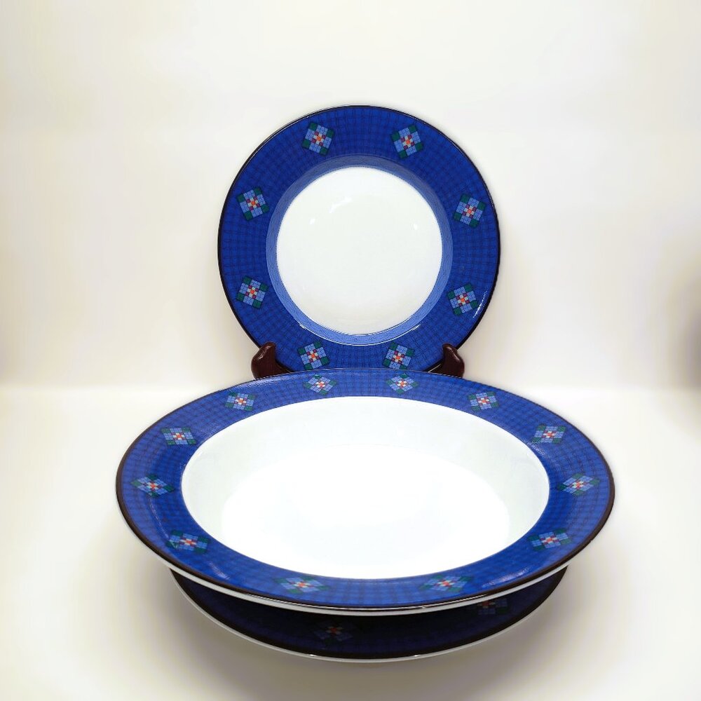 Vintage Dansk Nine Patch Quiltings Rimmed Soup Bowl w/ 2 Plates Set of 3